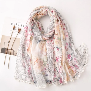 Women Floral Lace Scarf Lightweight Sun Protection Shawl With Gold Foil Details Soft Polyester Wrap