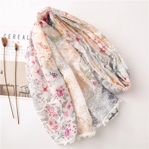 Lightweight floral lace scarf with gold foil print in pink and grey for women
