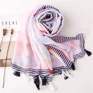 Long summer beach shawl with purple and pink artistic patterns and tassel fringe edge