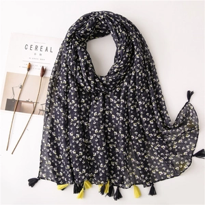 Vintage Japanese Style Floral Long Scarf For Women Lightweight Tassel Print Ethnic Cotton Feel Polyester Voile Breathable