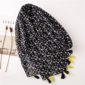 Vintage navy blue floral cotton linen shawl with fringe tassels for spring and summer