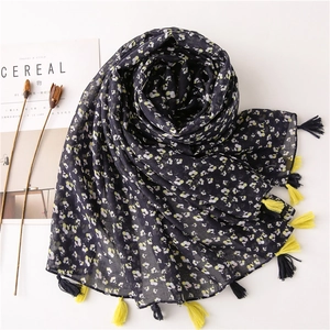 Vintage navy floral cotton linen scarf with tassels displayed on white background