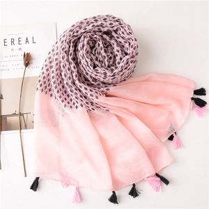 Pink cotton linen scarf with grey geometric pattern and tassel details for women