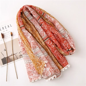 Bohemian paisley print cotton linen scarf with elegant lace trim in vintage rusty red