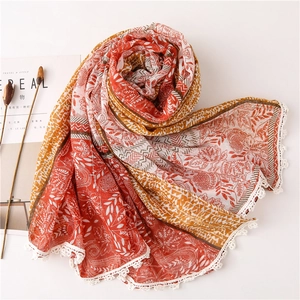 Bohemian paisley linen scarf with white lace tassels and vibrant ethnic floral patterns
