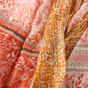 Detailed macro view of lightweight ethnic print scarf with shimmering clear sequins