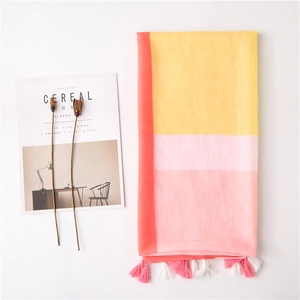 Linen cotton beach shawl with yellow pink geometric patches and tassel fringe