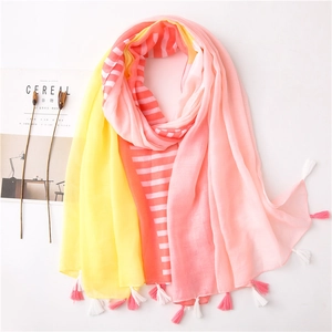 Color Block Striped Scarf With Tassels Bohemian Beach Shawl Sun Protection Polyester Cotton Linen Feel Voile For Women