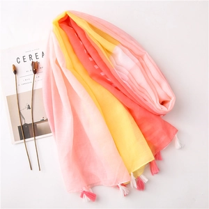 Pink and yellow gradient cotton linen scarf with tassel fringe for beach sun protection