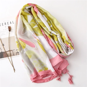 Floral cotton linen scarf with tassels and colorful leaf prints for summer beach wear