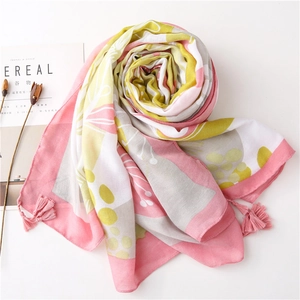 Floral cotton linen scarf with tassels in pink and yellow for sun protection