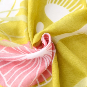 Floral cotton linen scarf with tassels, yellow and pink flower print beach shawl