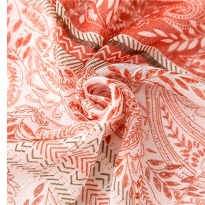 Ethnic paisley cotton linen scarf with sequins and tassels for women in red and beige