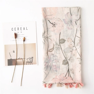Floral cotton linen scarf with elegant flower patterns and soft fringe tassels