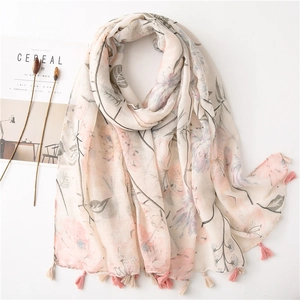 Women Floral Print Scarf Cotton Linen Breathable Sun Protection Tassel Fringe Lightweight Beach Shawl Artistic Summer