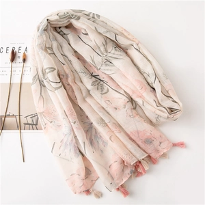 Linen cotton floral scarf for women with elegant flower print and tassel fringe details