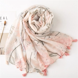 Elegant cotton linen scarf with pink lily floral print and delicate fringed edges
