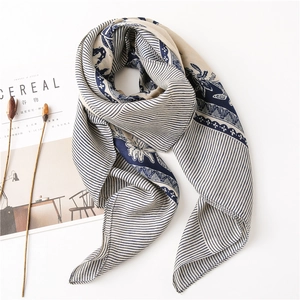 Elegant floral cotton-linen feel large scarf in navy blue and beige stripes