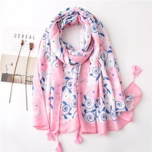 Floral Scarf Shawl For Women Elegant Pink Gardenia Print Polyester Cotton Linen Feel Sun Protection Tassels Beach Wrap