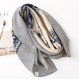 Retro Floral Plant Print Square Scarf Women Cotton Linen Feel Polyester Shawl Ethnic Stripe Pattern Elegant Decorative Wrap