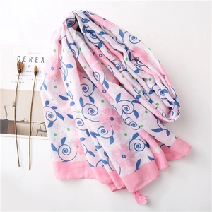 Pink and blue floral cotton linen scarf with elegant tassels and pastel botanical prints