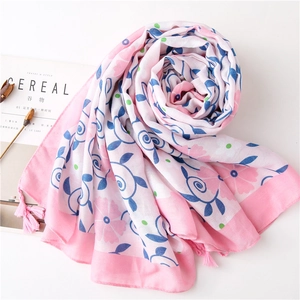 Pink and blue floral cotton linen scarf with tassels and gardenia print design