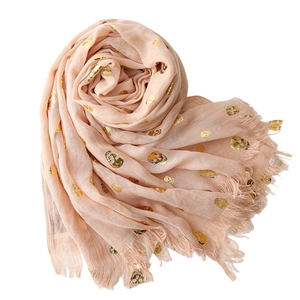 Pink skull gold foil print scarf with fringe ends for women, lightweight cotton linen feel