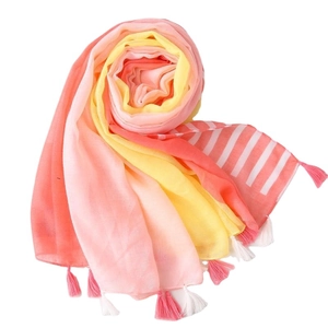 Lightweight cotton linen gradient scarf with yellow pink stripes and tassel fringe edges