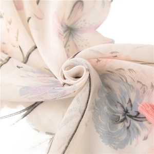 Lightweight cotton linen floral scarf with pink tassels and elegant flower prints