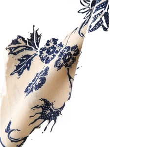 Elegant floral cotton linen scarf with blue botanical prints and woven texture