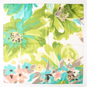 Detail of artistic pink and green floral print on soft cotton linen square scarf