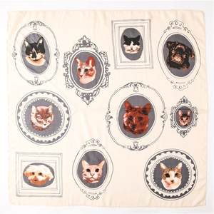 Detailed pattern of square cotton scarf showing pets in vintage European frames
