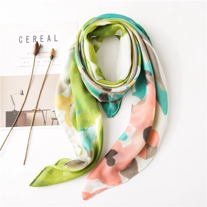 Pink and green ink painting floral linen cotton scarf for women, lightweight shawl wrap