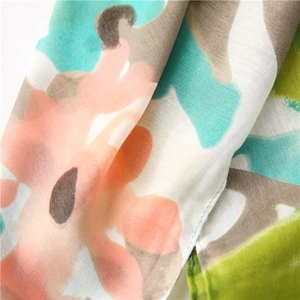Pink and green ink painting cotton linen square scarf with abstract watercolor pattern