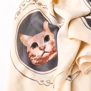 Soft cotton cat print square scarf in beige with vintage kitten portrait graphic
