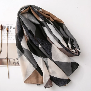 Écharpe d'hiver en coton et lin pour femmes avec motifs géométriques de blocs de couleurs