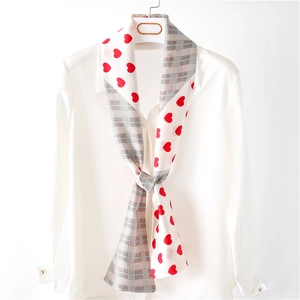 Women Skinny Satin Like Scarf Heart Print Houndstooth Patchwork Long Narrow Necktie Retro Elegant Fashion Accessories