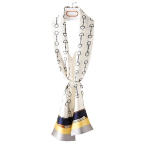 Narrow silk scarf with equestrian horse bit print and tricolor border for suits