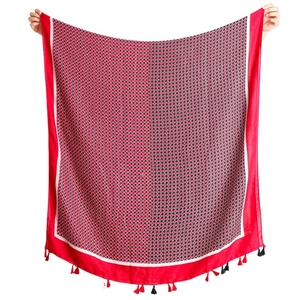 Long red and black geometric diamond pattern scarf with fringe tassels for women