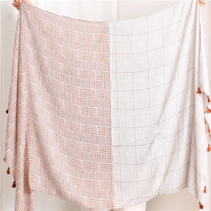 Brown houndstooth cotton linen shawl for women with elegant tassels for spring