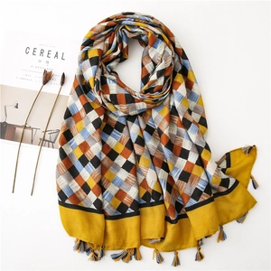 Plaid cotton linen scarf with tassels and vintage checkered pattern for autumn winter
