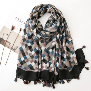 Plaid cotton linen scarf with colorful tassels and soft woven grid pattern for women