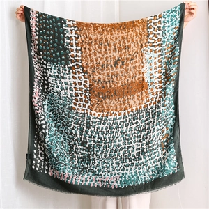 Artistic oil painting style cotton linen shawl with abstract polka dots and fringe detail