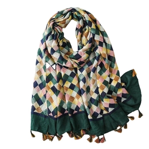 Colorful plaid cotton linen scarf with diamond pattern and decorative fringe tassels