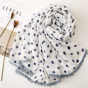 Lightweight white long scarf with navy blue polka dots and crochet tassel edges