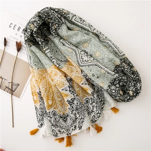 Ethnic floral cotton linen scarf with tassels in dark green, yellow and beige