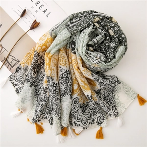 Lightweight cotton linen paisley print scarf with decorative tassels for spring season