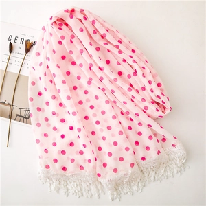 Lightweight pink chiffon scarf with red polka dots and white crochet lace tassels