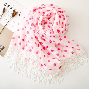 Pink polka dot chiffon shawl with white crochet lace trim and fringe detail