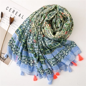 Floral cotton linen scarf with tassels and fresh green flower patterns for women